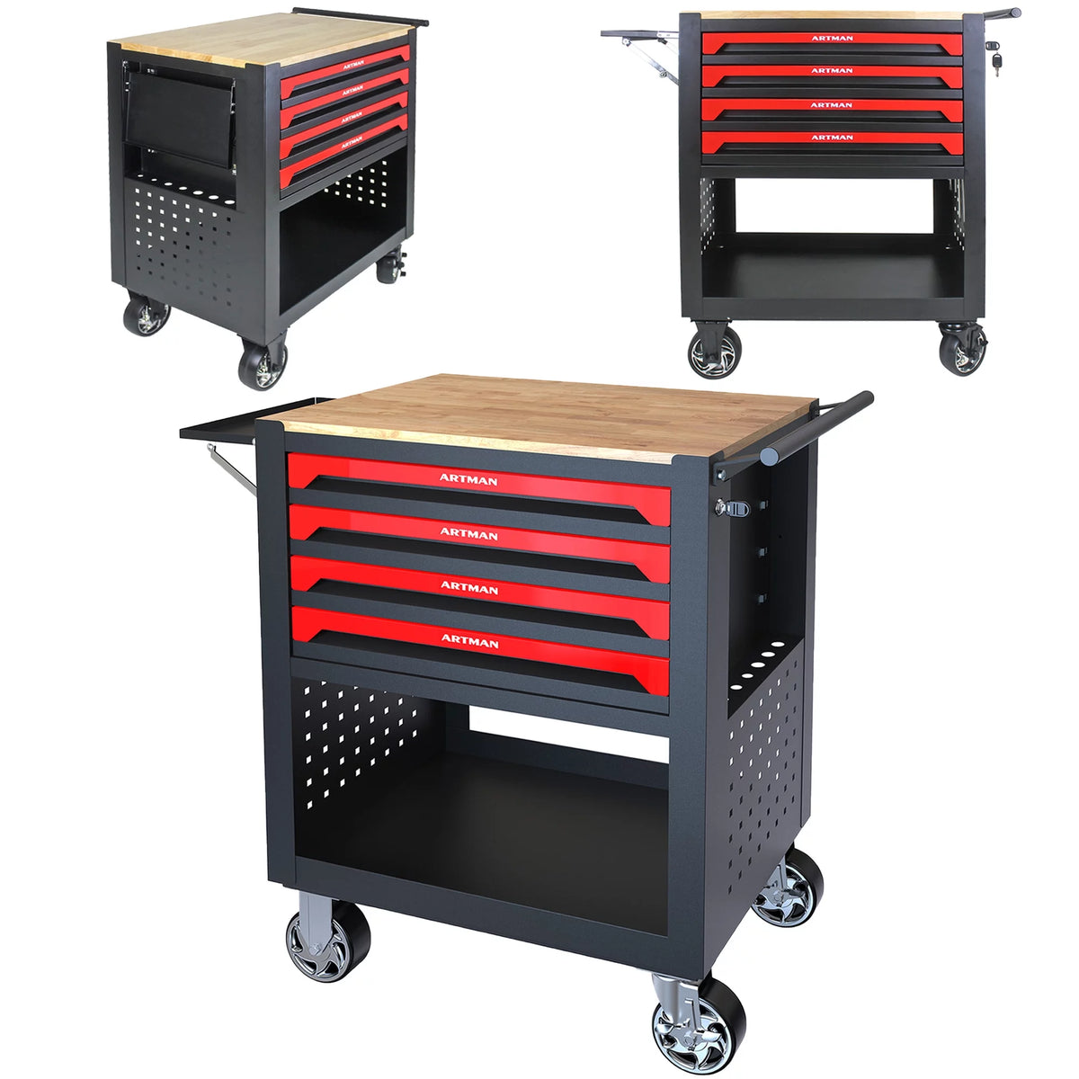 4-Tier Rolling Tool Cart with Cabinet and Wooden Top L151