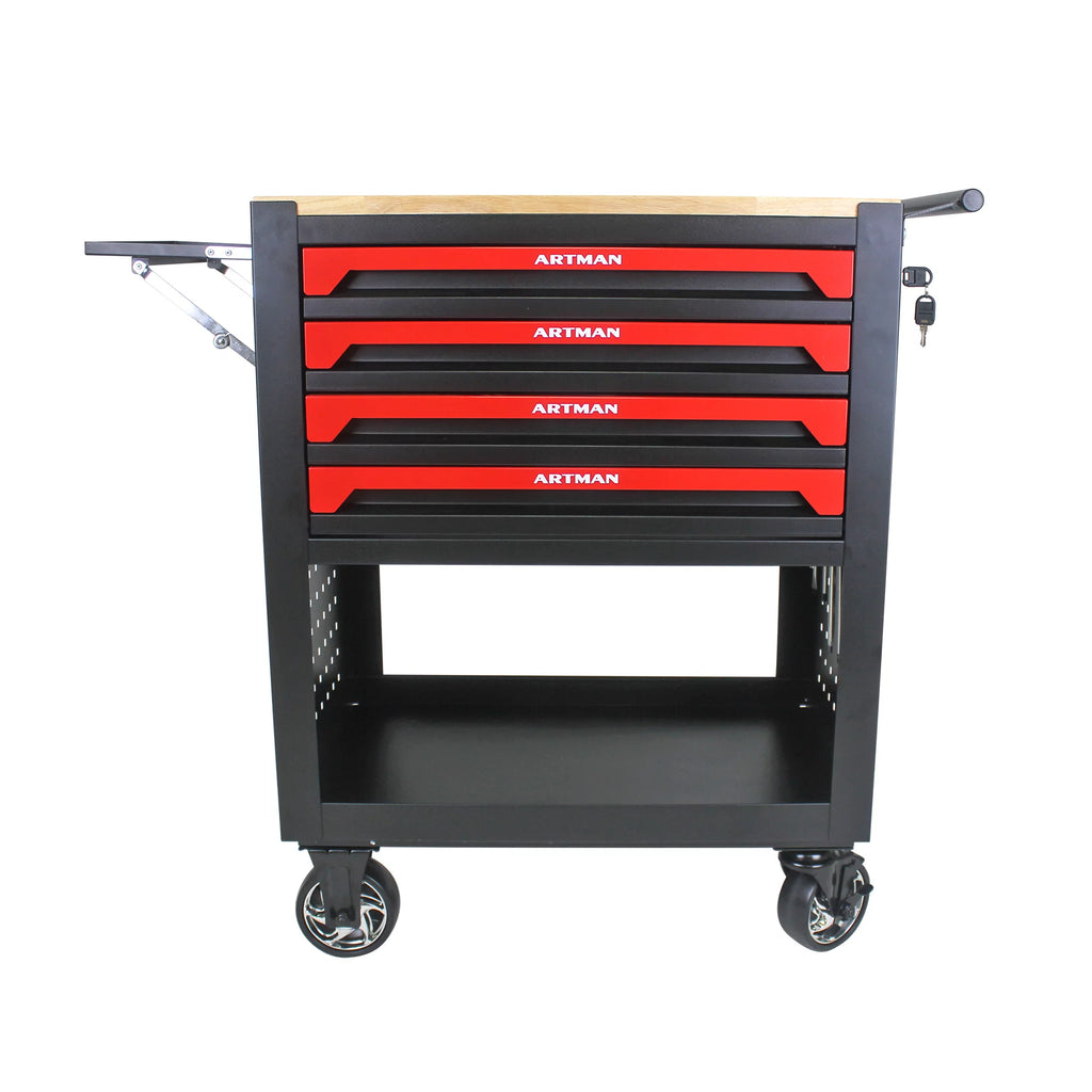 4-Tier Rolling Tool Cart with Cabinet and Wooden Top L151