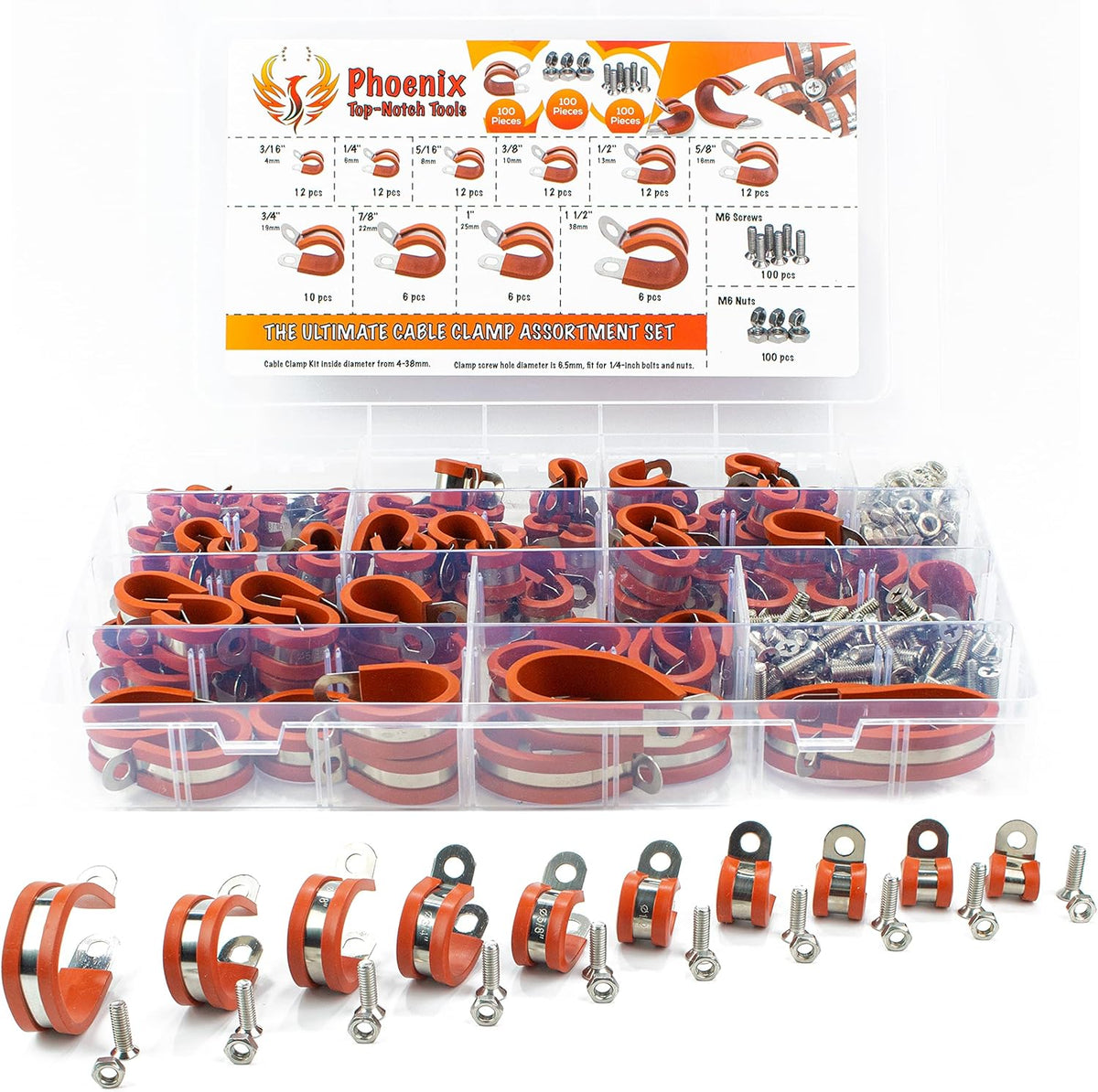 100pcs 304 Stainless Steel Rubber Insulated Cable Clamps 10 Sizes O4801