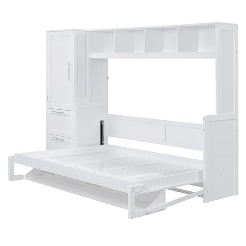 White Solid Wood Full Size Murphy Bed with Closet and Drawers C200
