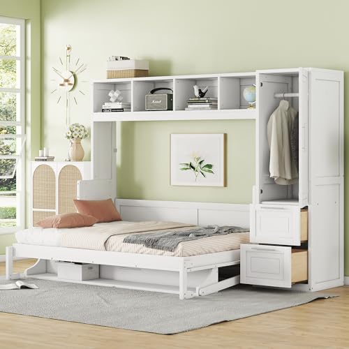 White Solid Wood Full Size Murphy Bed with Closet and Drawers C200