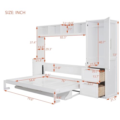 White Solid Wood Full Size Murphy Bed with Closet and Drawers C200