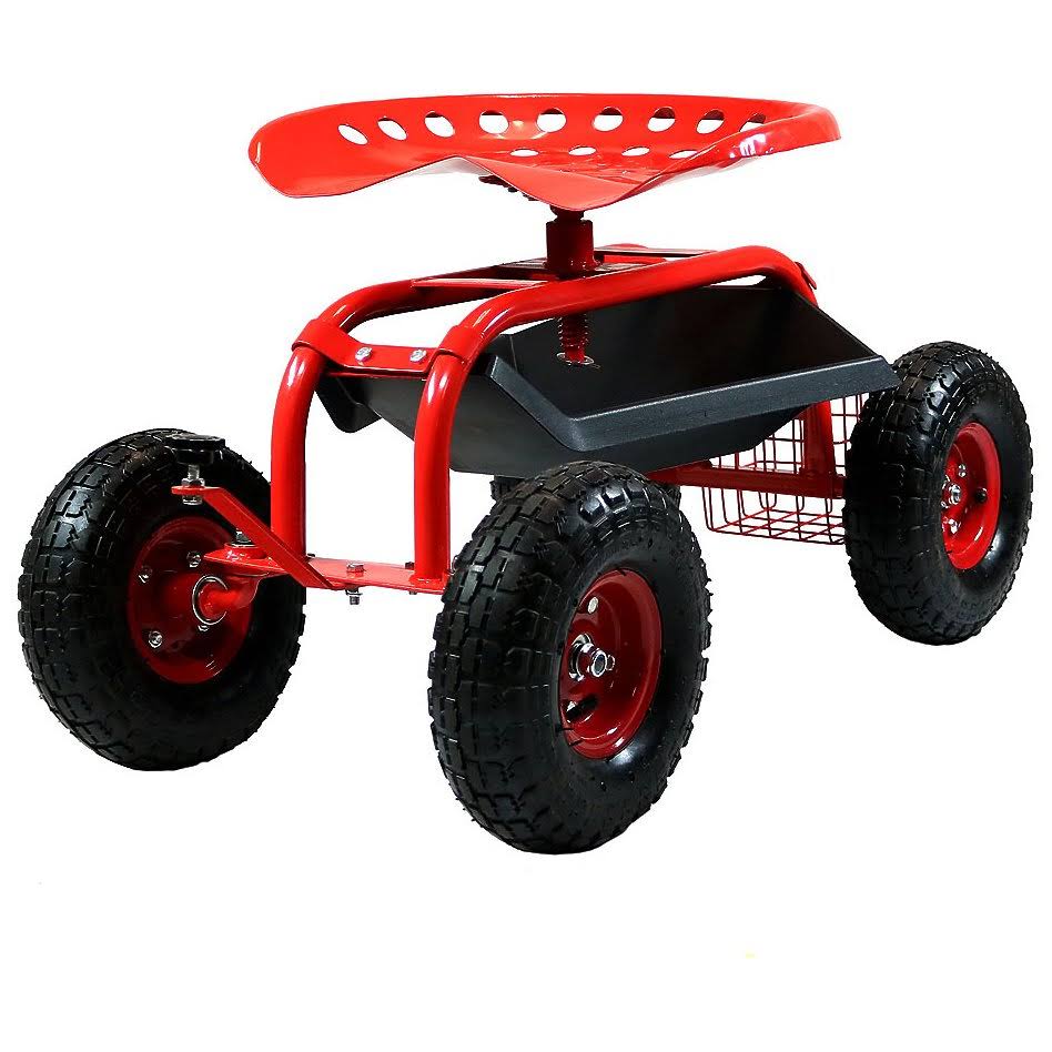 Green Rolling Garden Cart with Swivel Seat and Basket H4725