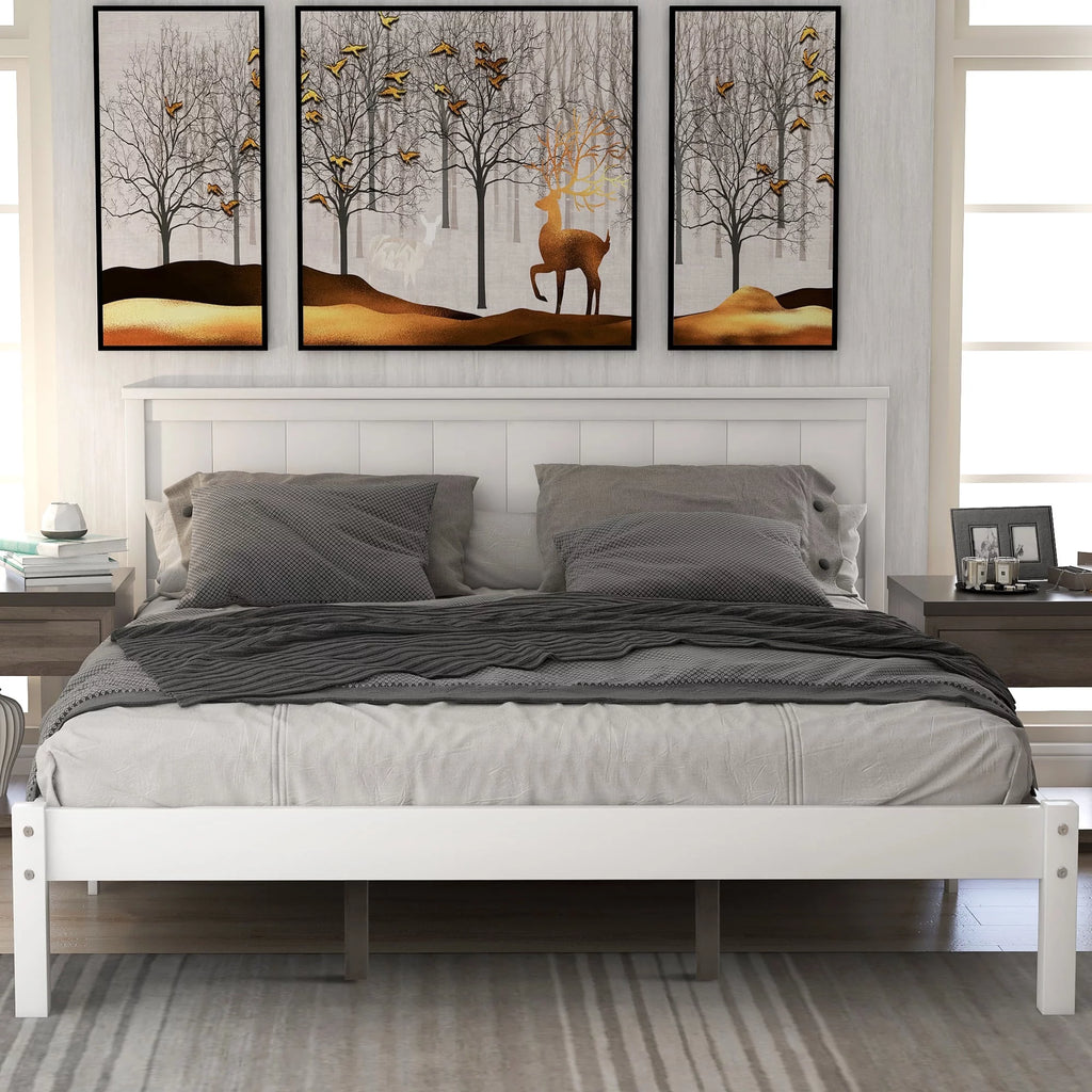 Queen White Wood Platform Bed Frame with Headboard U6893