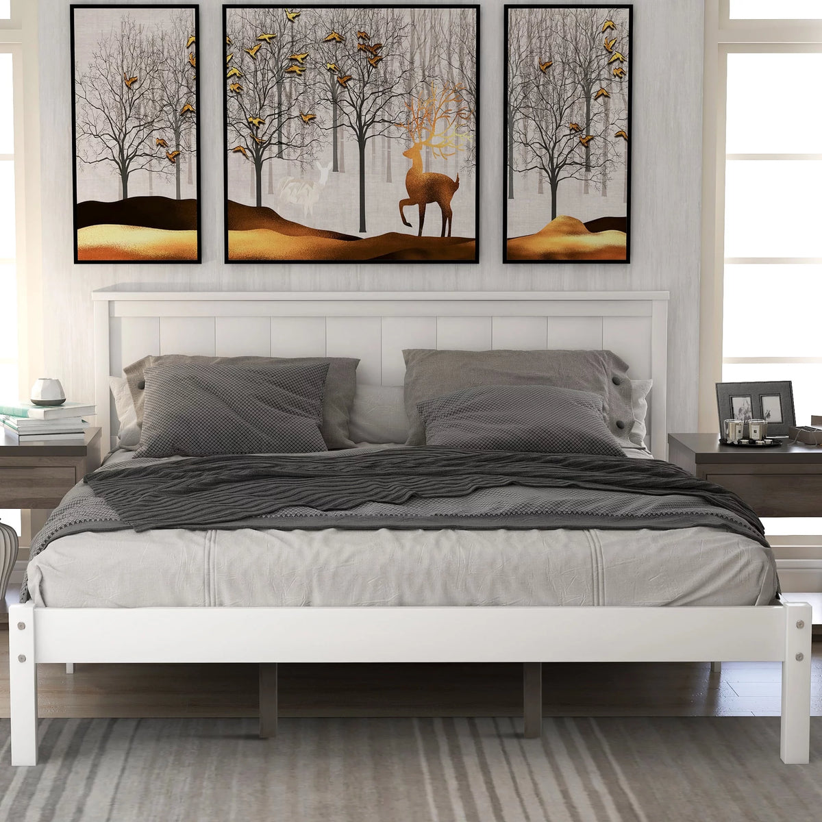 Queen White Wood Platform Bed Frame with Headboard U6893