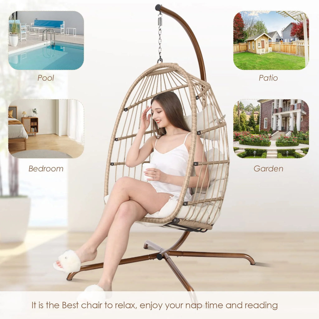 Rattan Swing Egg Chair with Stand Grey 350 lbs E778645