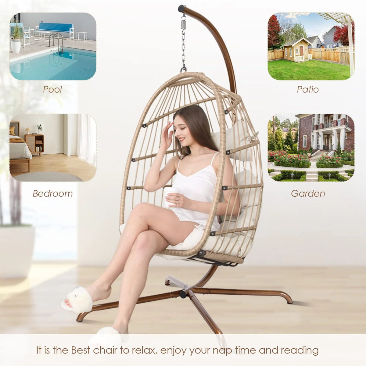 Rattan Swing Egg Chair with Stand Grey 350 lbs E778645