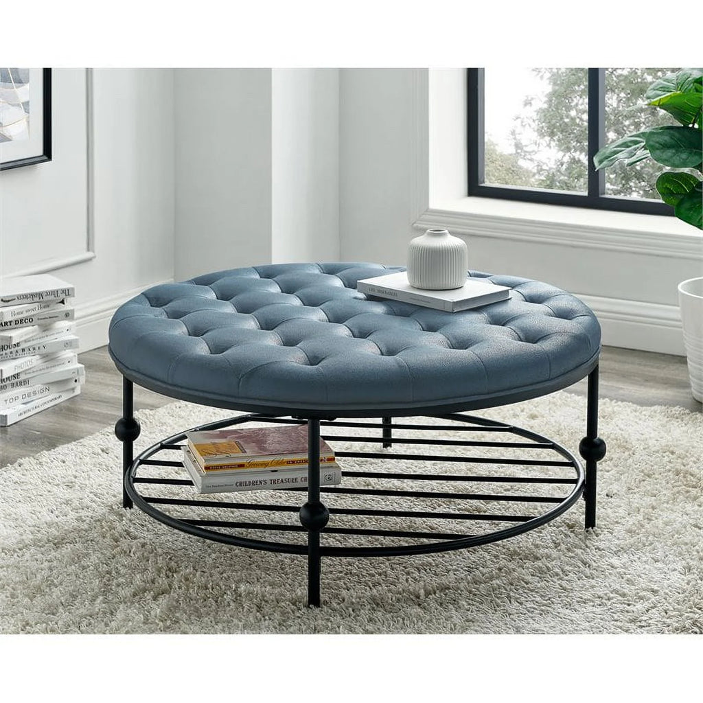 Blue Faux Leather Tufted Cocktail Ottoman A20848
