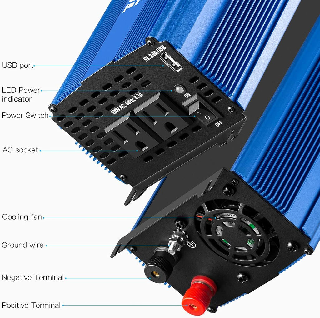 2000W Pure Sine Wave Power Inverter 12V DC to 110V AC with 3 AC Outlets & 1 USB Port L594154