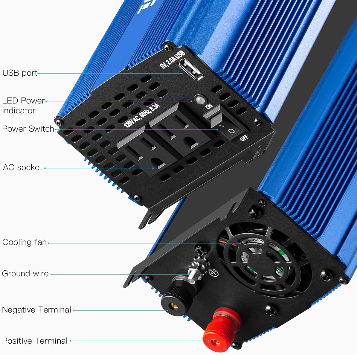 2000W Pure Sine Wave Power Inverter 12V DC to 110V AC with 3 AC Outlets & 1 USB Port L594154