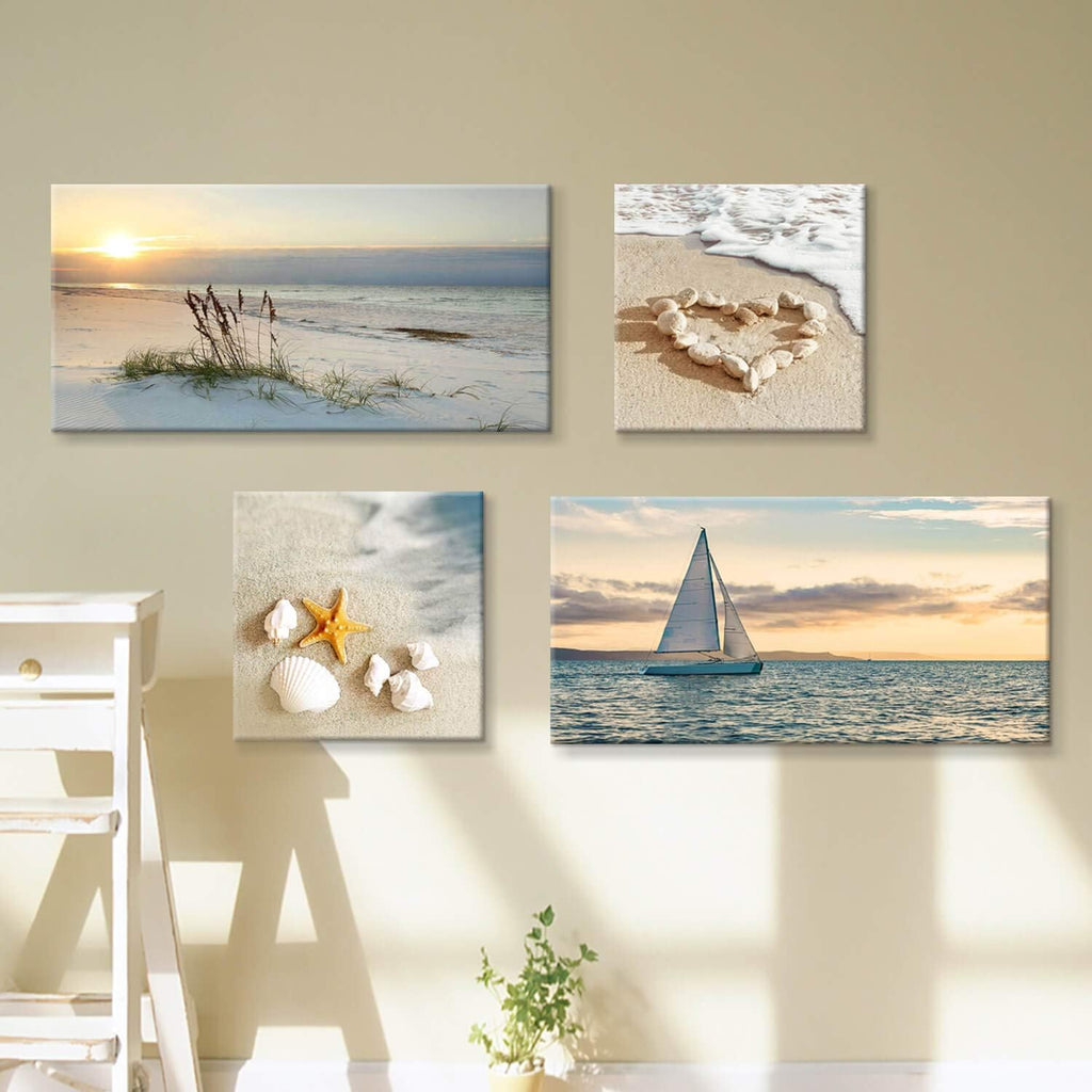 Sunset Canvas Art Seascape Painting with Sailboat Wall Art, 32'' x 16'' x 2 Panels + 16'' x 16'' x 2 Panels Z6912