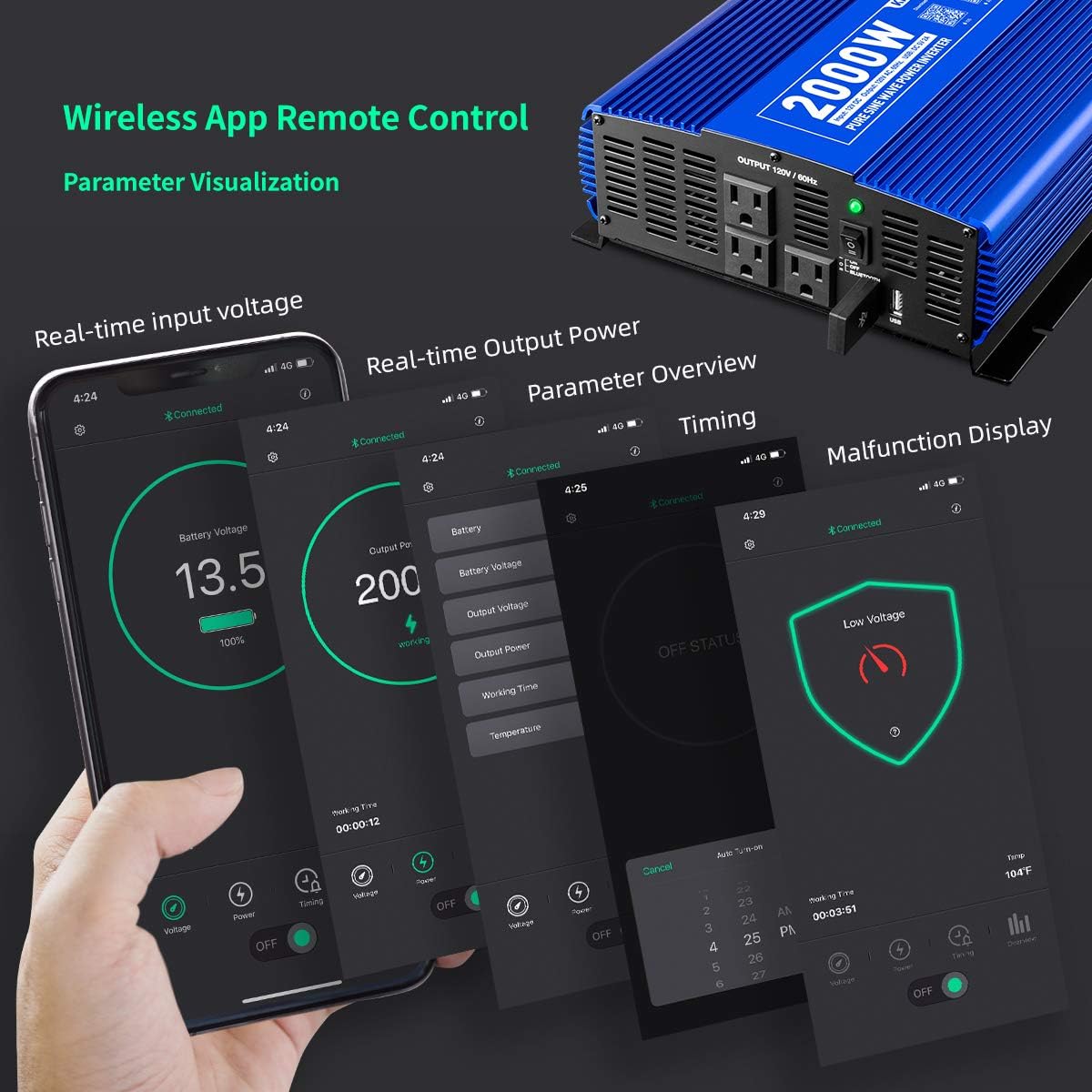 2000W Pure Sine Wave Power Inverter 12V DC to 110V AC with 3 AC Outlets & 1 USB Port L594154