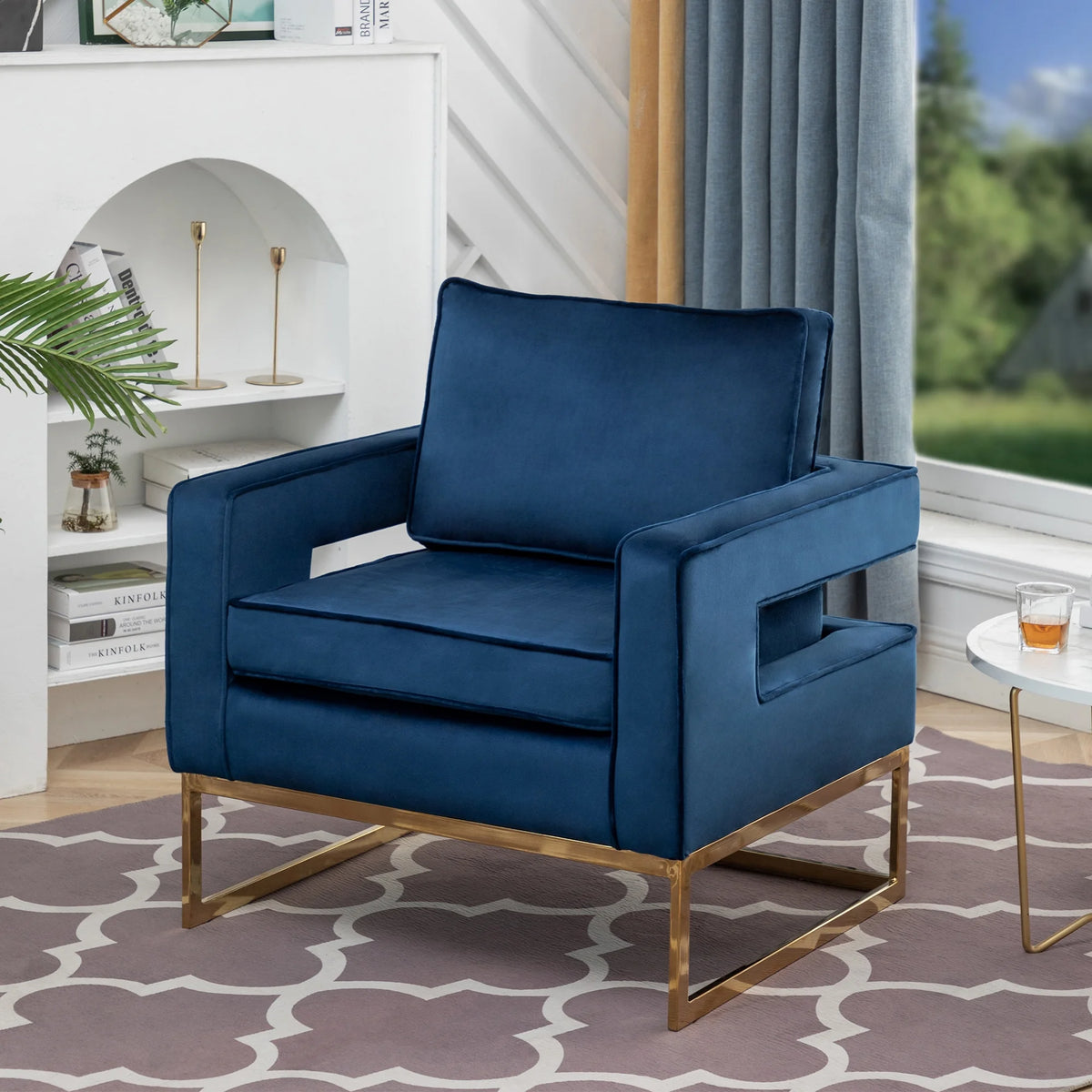 Navy Blue Velvet Accent Armchair with Gold Base X805437