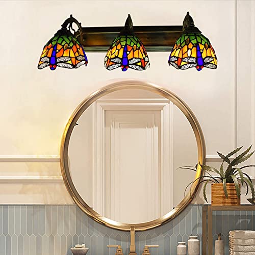Tiffany Victorian Wall Sconce, 3-Light Vanity Light Fixtures Stained Glass Lampshade Dragonfly Over Mirror Lamp P50587