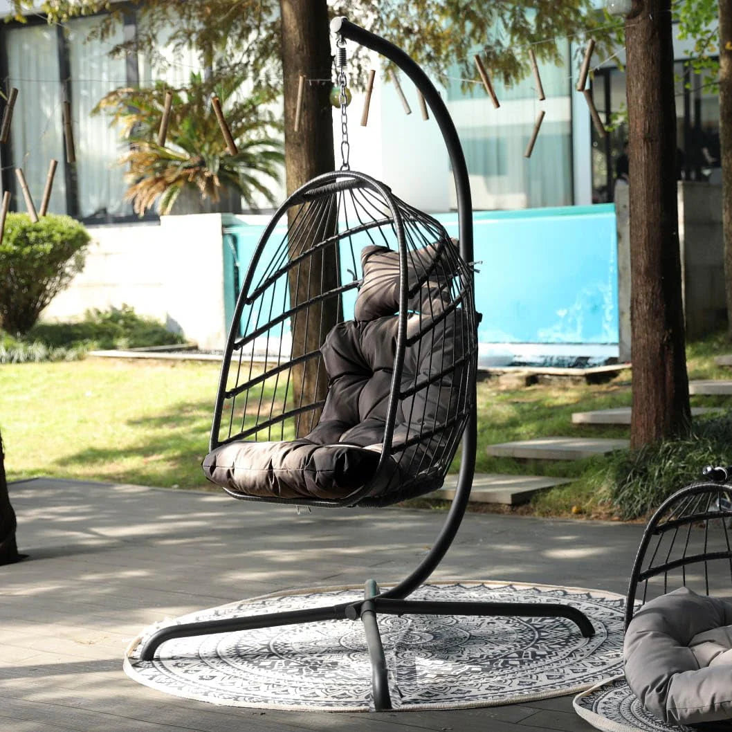 Rattan Swing Egg Chair with Stand Grey 350 lbs E778645