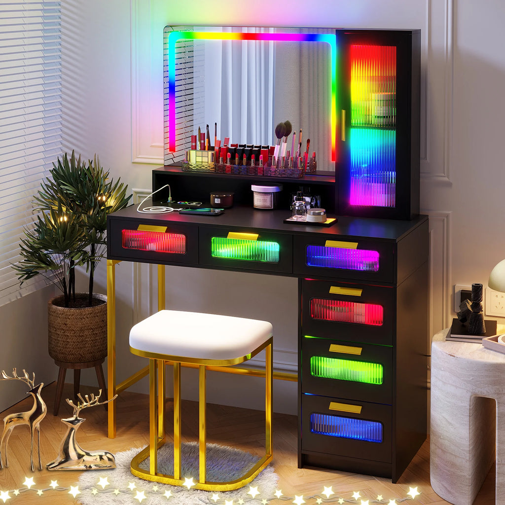 Black Vanity Set with 6 Drawers and Stool G1463