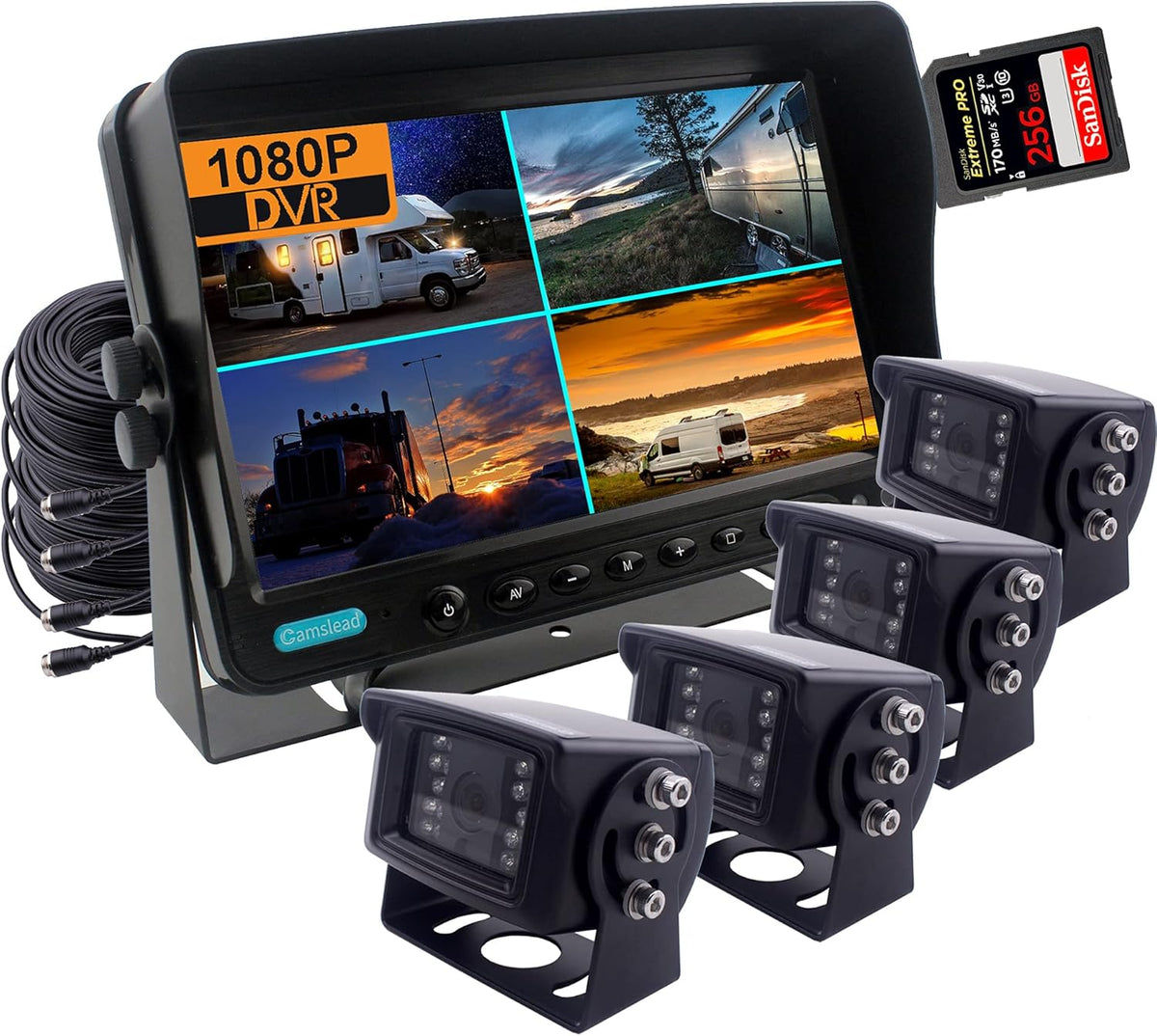 7 inch 1080P Wired Rear View Camera System with DVR Recorder, 4 Channel Input, Quad Split Screen L716360