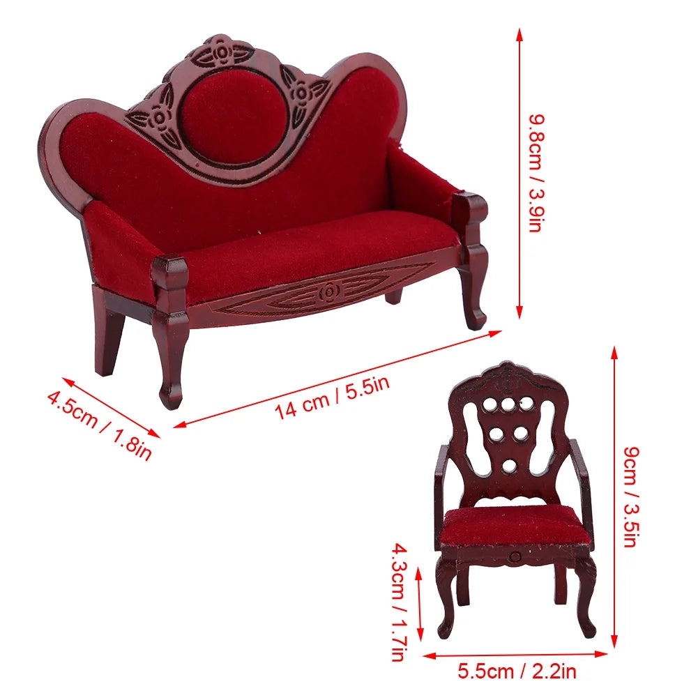 Red Wooden Dollhouse Sofa Chair Set W441