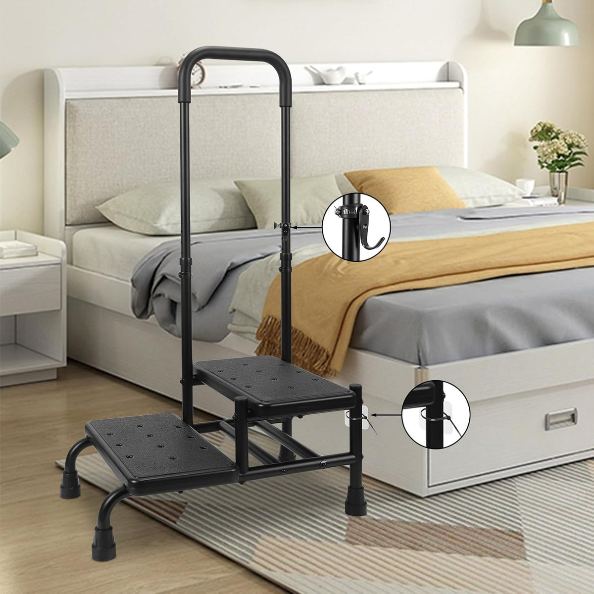 2 Step Stool with Handle, Heavy Duty Step Stool with 4 Fixing Buckle and Adjustable Handrail R672309
