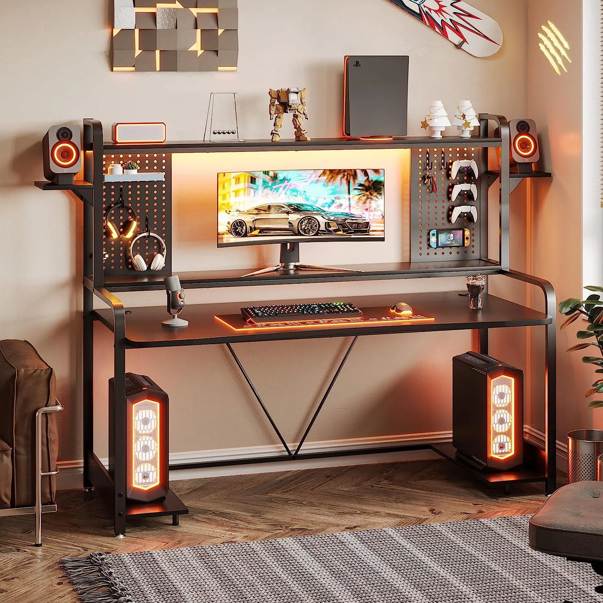 55" Gaming Desk with Hutch, Shelves, LED Lights, Pegboard and Monitor Shelf, Black Y13092