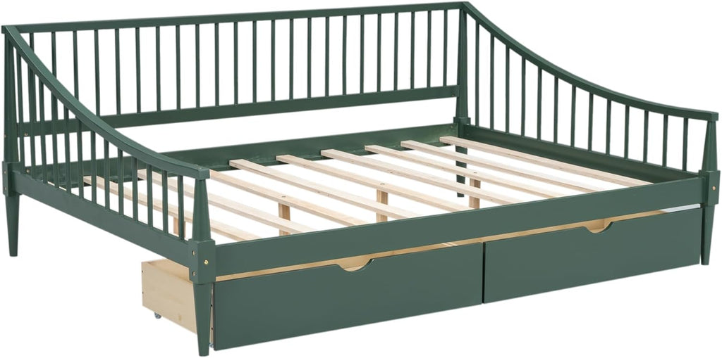 Green Full Size Daybed with Two Drawers Solid Wood Storage Bed Frame D70558