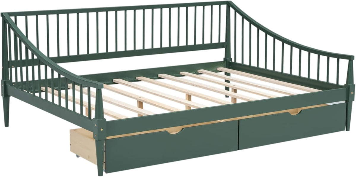 Green Full Size Daybed with Two Drawers Solid Wood Storage Bed Frame D70558