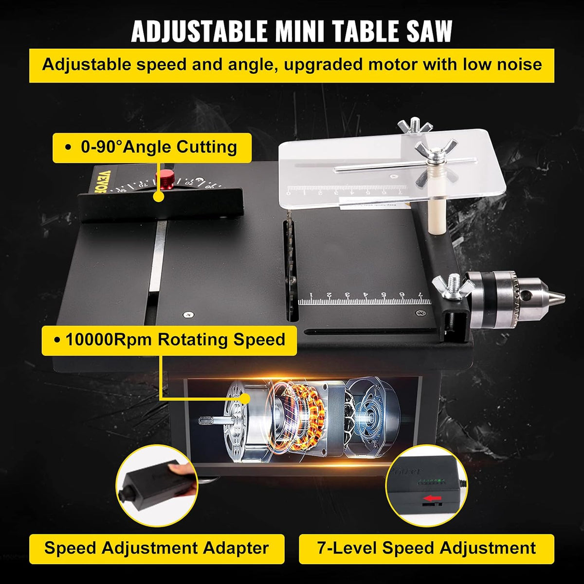 Mini Table Saw, 96W, 0-90 Angle Cutting, 7-Level Speed Adjustable, 1.3in Cutting Depth T179