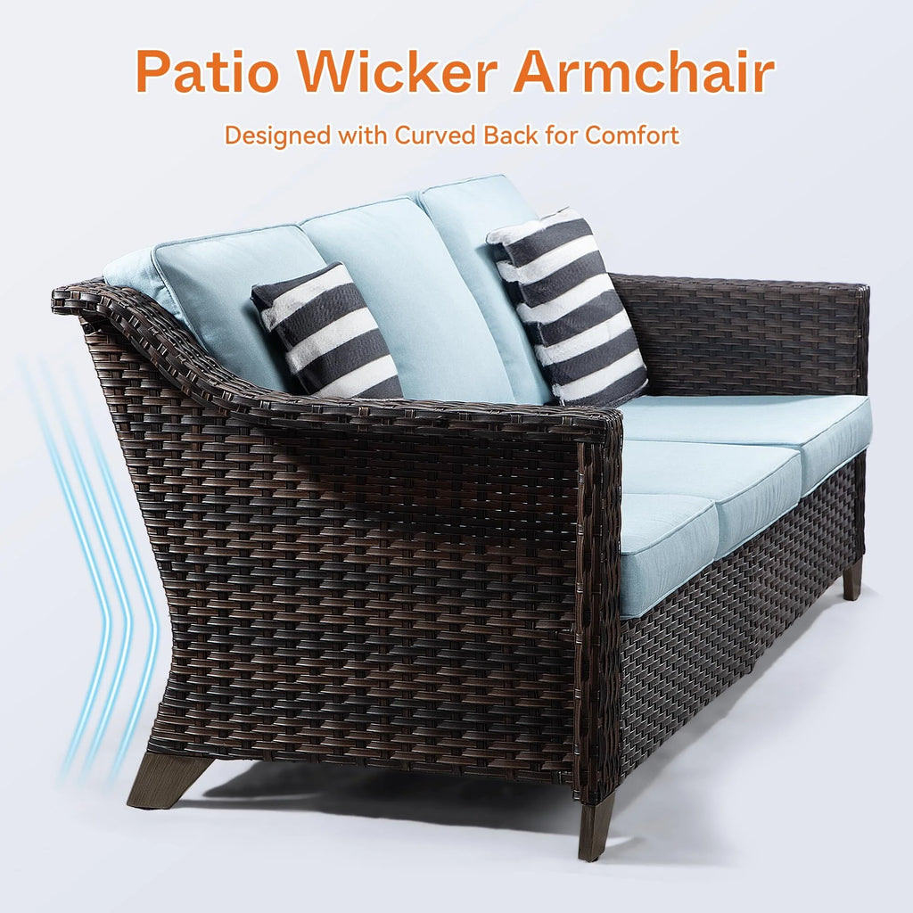 3 Pieces Outdoor Patio Wicker Conversation Set with Cushions, Sky Blue H61411