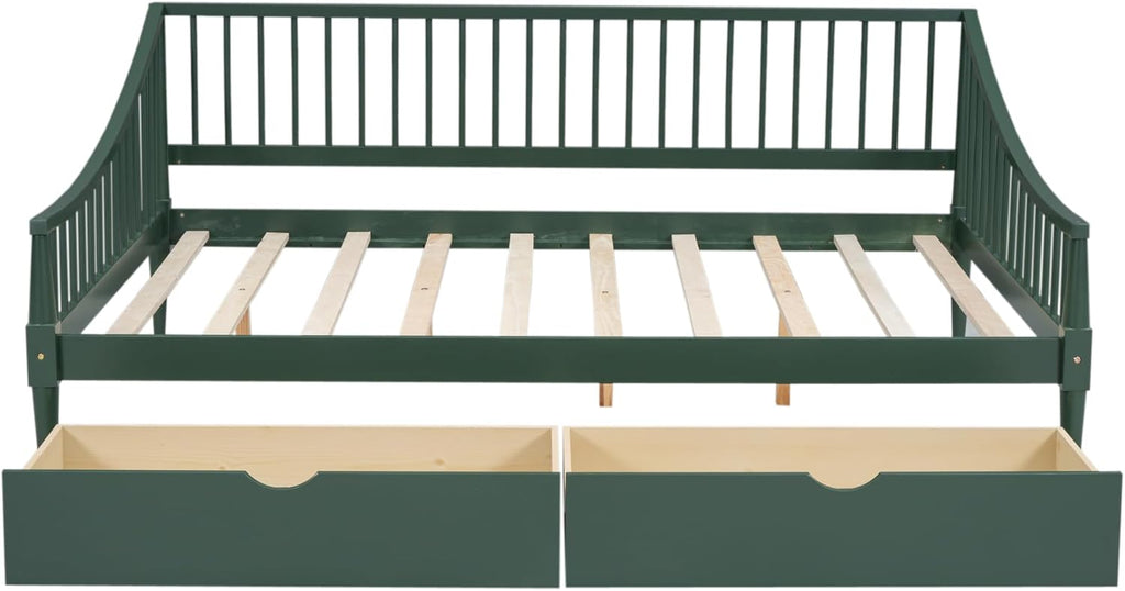 Green Full Size Daybed with Two Drawers Solid Wood Storage Bed Frame D70558