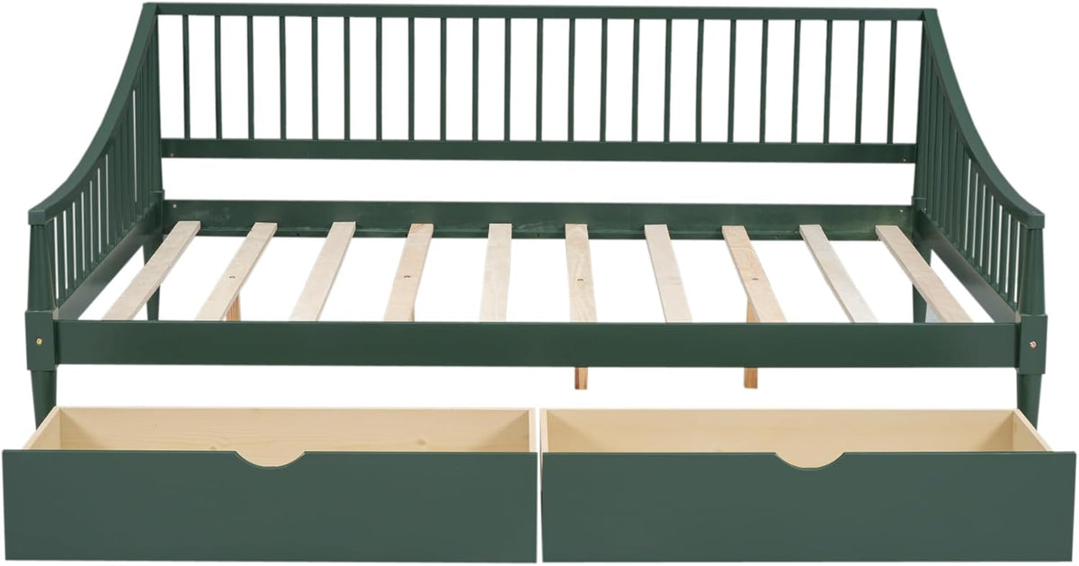 Green Full Size Daybed with Two Drawers Solid Wood Storage Bed Frame D70558