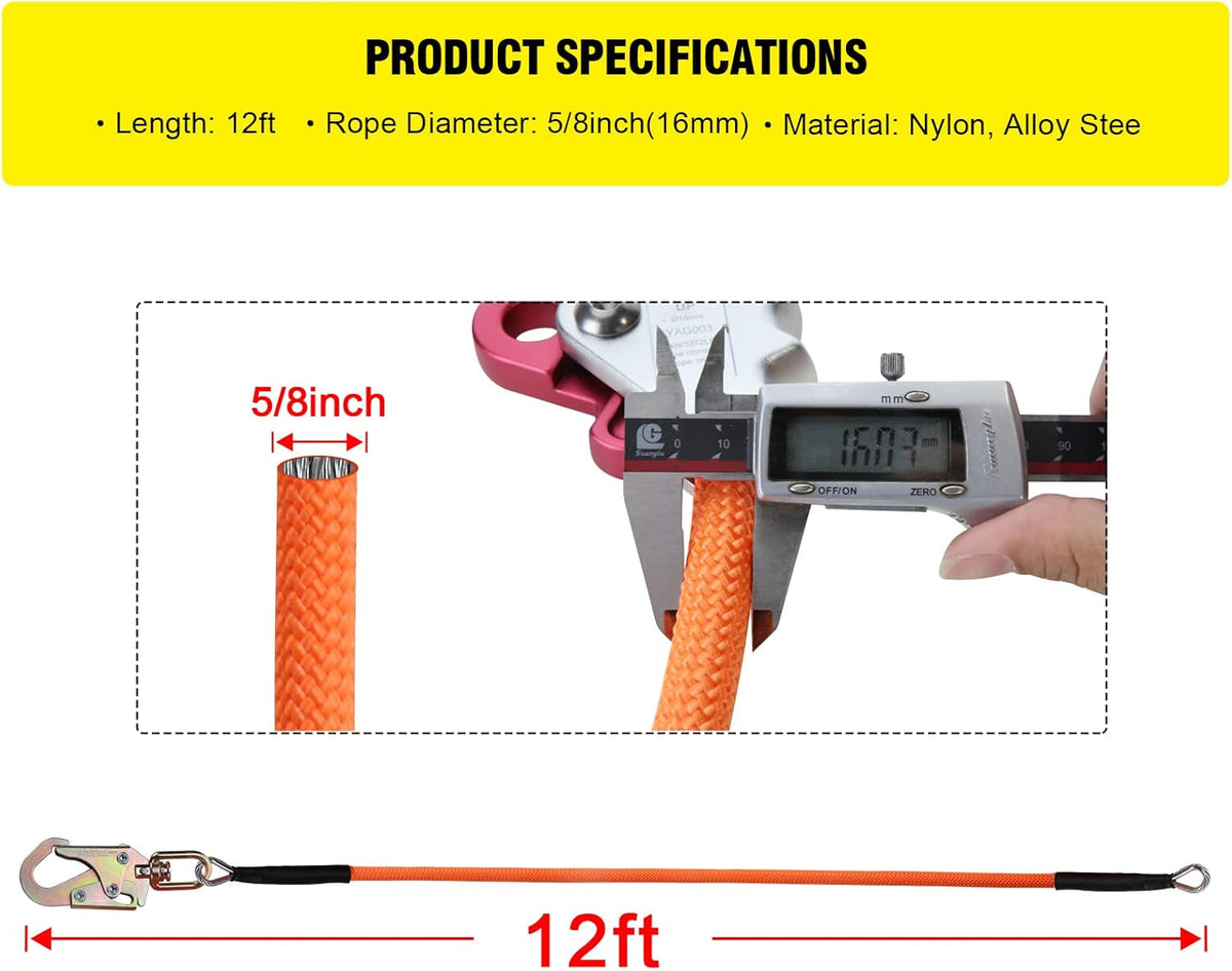 Steel Wire Core Flipline Rope Kit 5/8 x 12 ft with Triple Lock Carabiner Pack of 2 L9679