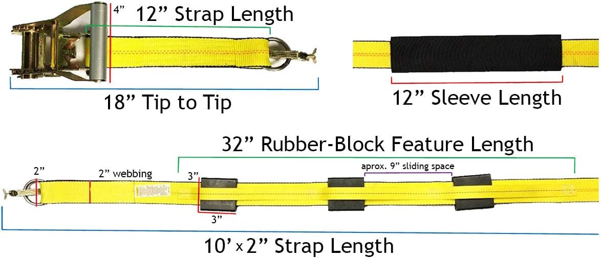 4 Wheel Straps with E-Track Fittings and 3 Rubber Blocks, 11’ x 2” Ratchet Strap, Pack of 2 G655