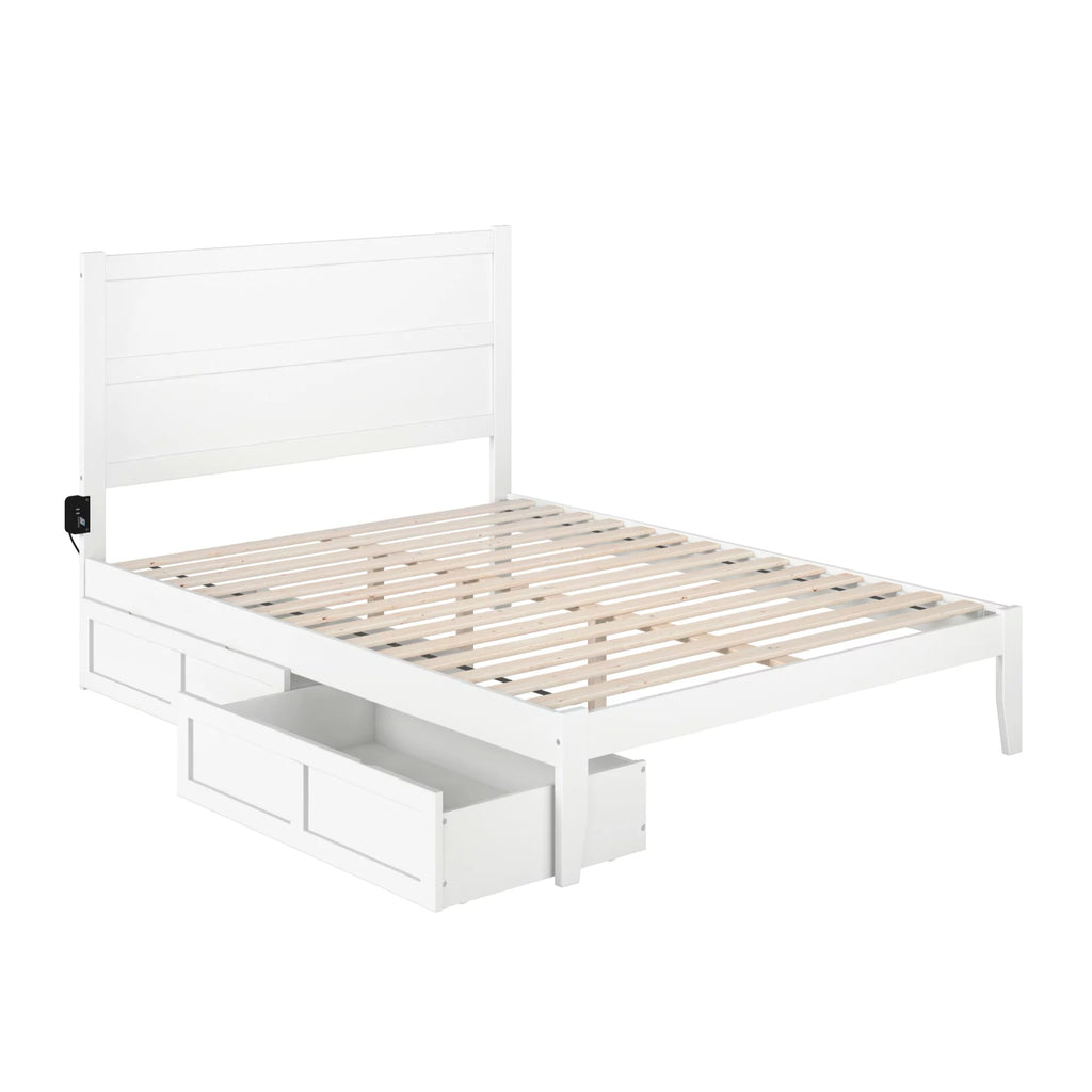 White Solid Wood Queen Bed with 2 Storage Drawers L304856