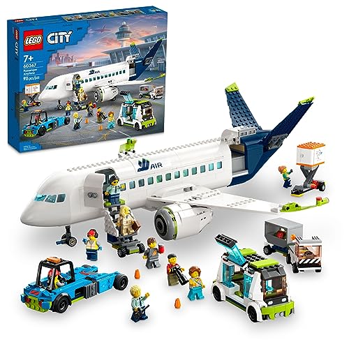 LEGO City Passenger Airplane Building Toy Set with Large Airplane, Passenger Bus, Luggage Truck, Container Loader, and 9 Minifigures V2511