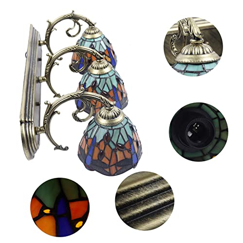 Tiffany Victorian Wall Sconce, 3-Light Vanity Light Fixtures Stained Glass Lampshade Dragonfly Over Mirror Lamp P50587