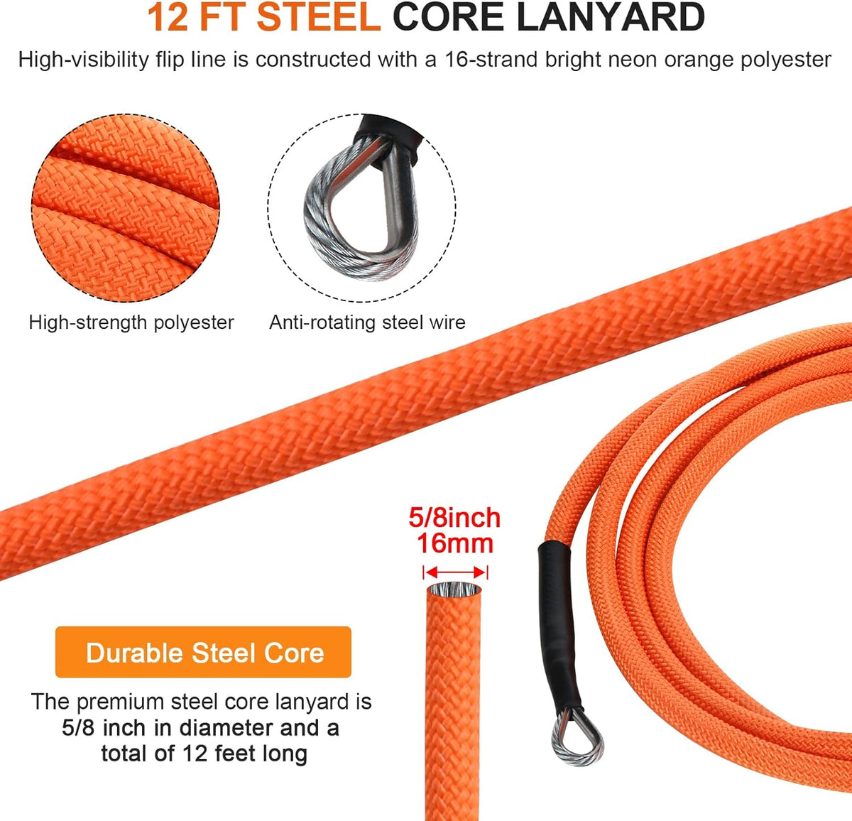 Steel Wire Core Flipline Rope Kit 5/8 x 12 ft with Triple Lock Carabiner Pack of 2 L9679