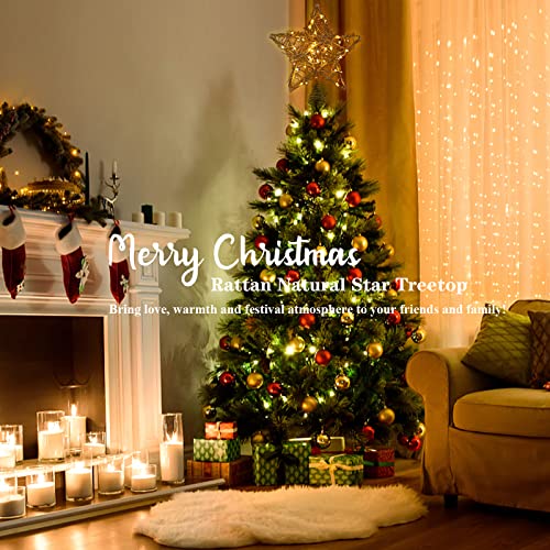 Rattan Natural Star Christmas Tree Topper with 50 Warm LED Lights N372439