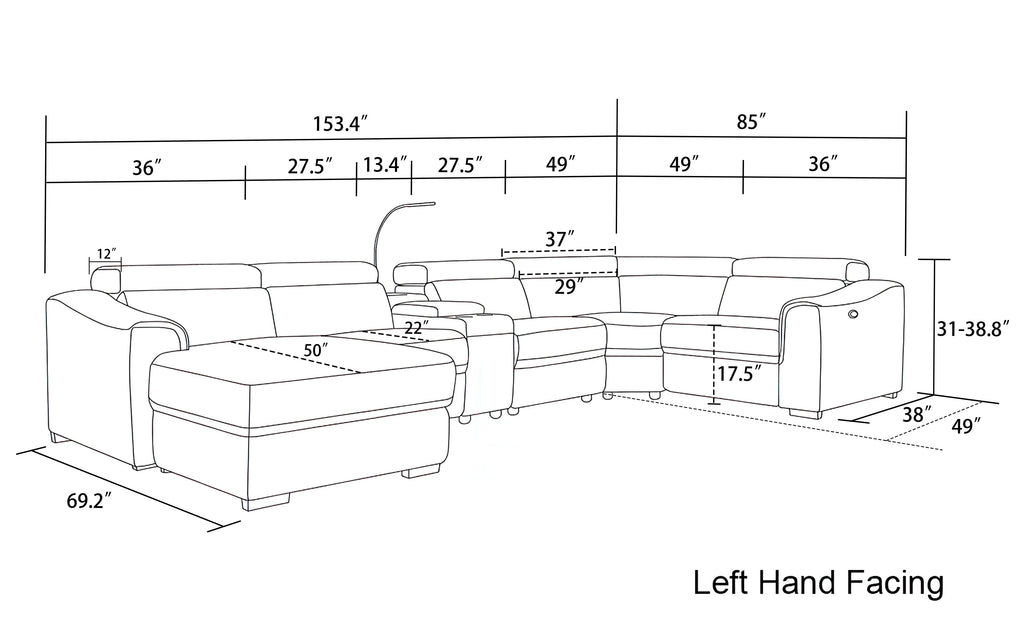 Light Grey 6 Pc Reclining Sectional with Left Hand Facing Chaise D8172