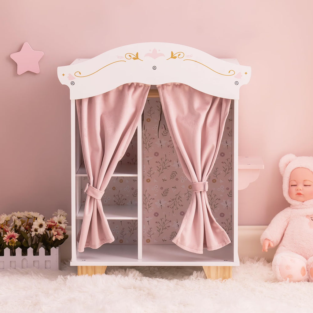 Pink Wooden Doll Armoire Closet with Vanity Table and 5 Clothing Hangers J630