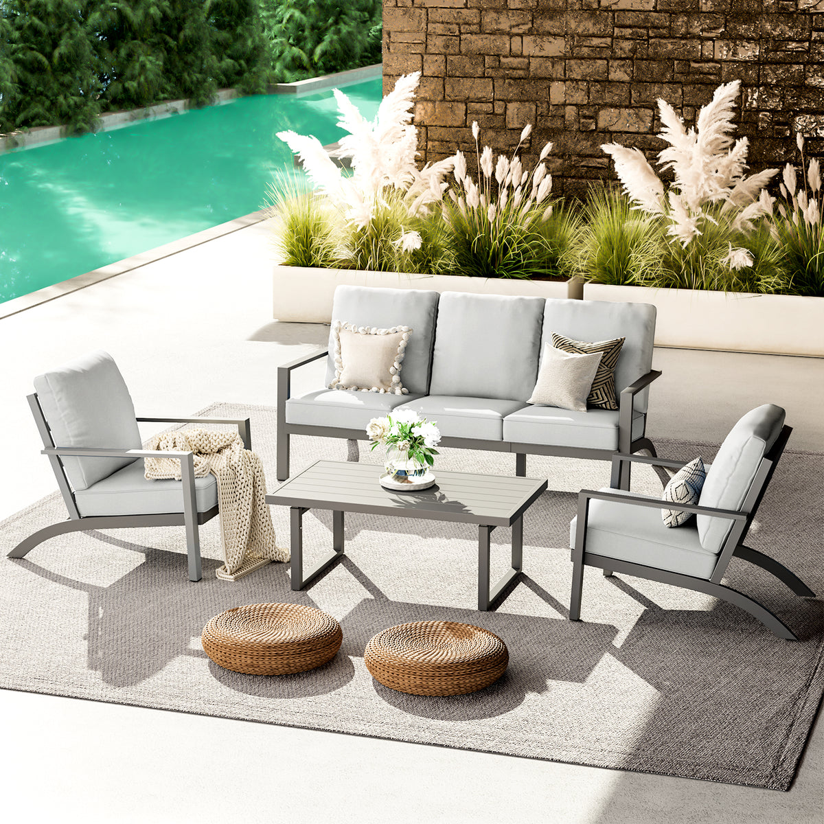 Aluminum Patio Furniture Set with Grey Cushions W958