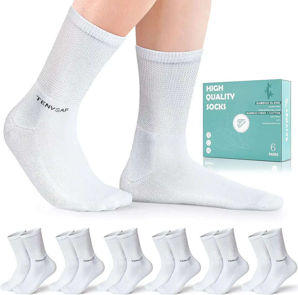 Bamboo Crew Seamless Diabetic Socks with Cushioned Sole Non-Binding Top 6 Pairs V748746