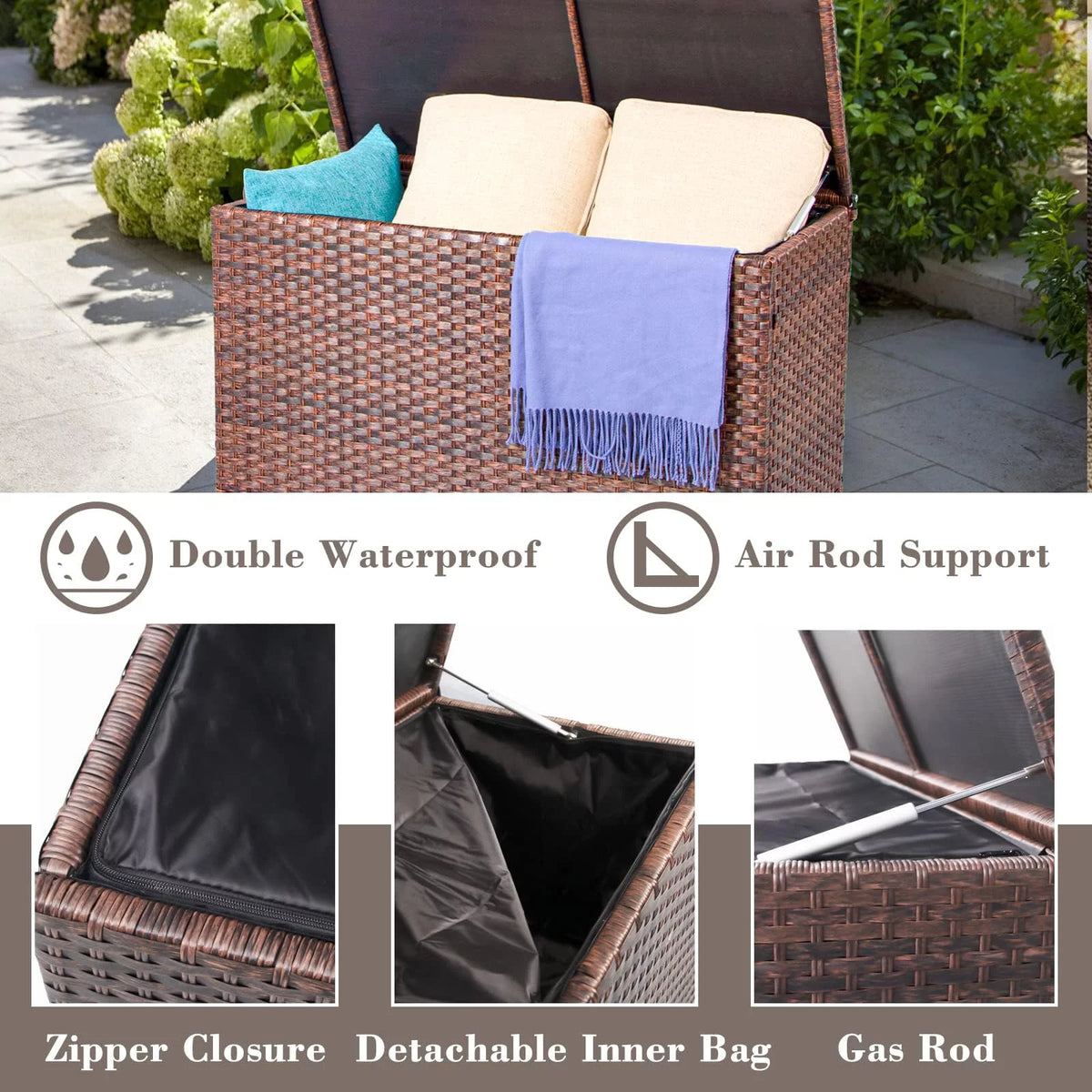 Outdoor Wicker Rattan Storage Box Table 70 Gallon Z75355