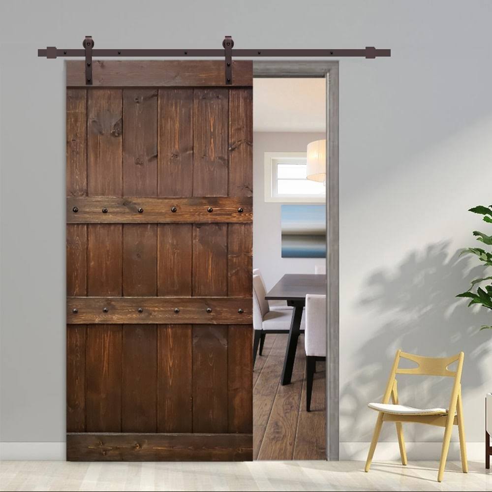 Brown Stained Solid Pine Wood Interior Sliding Barn Door with Hardware Kit P34469