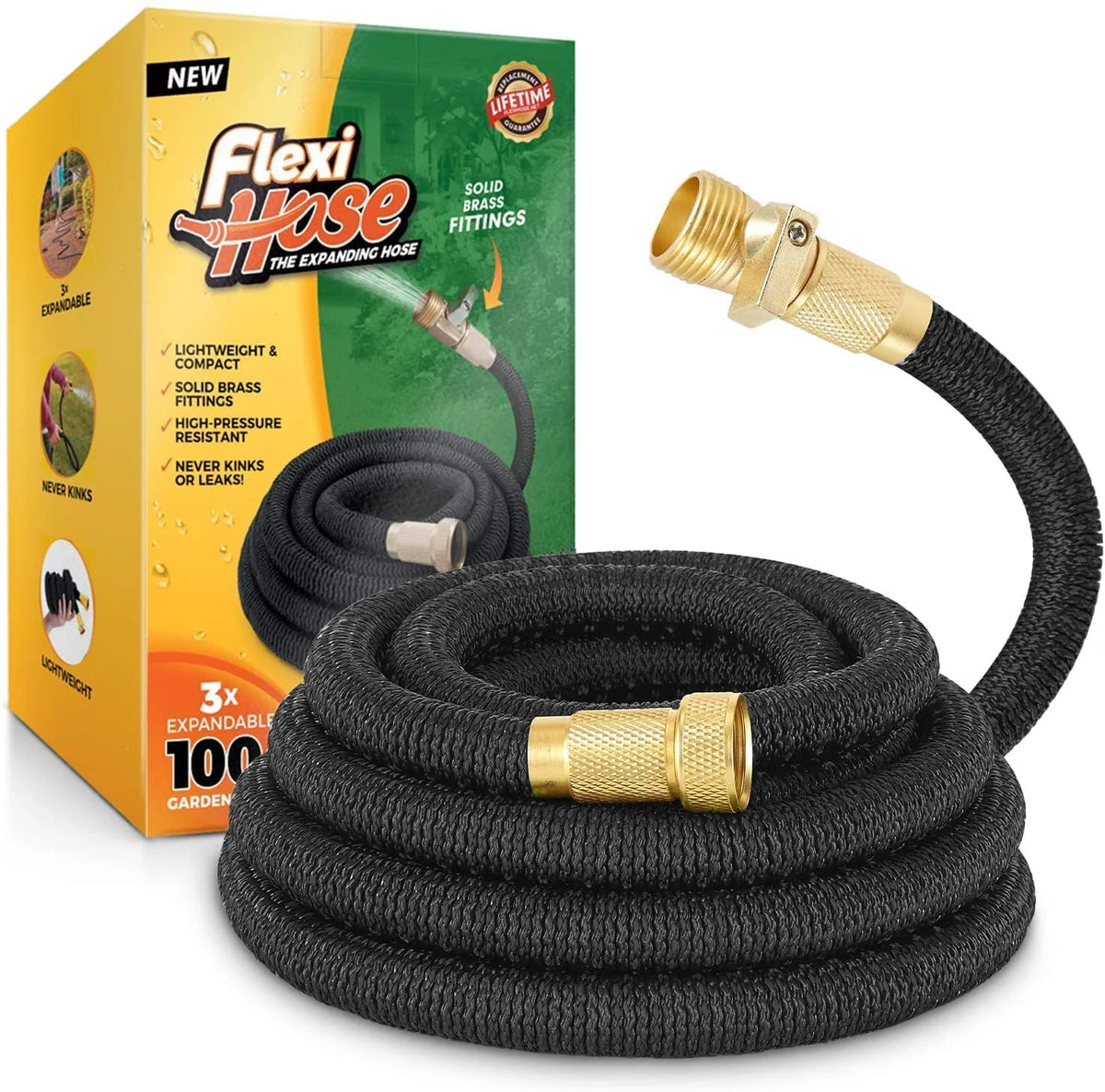 100 FT Expandable Garden Hose with 3/4 Inch Brass Fittings S2088