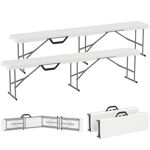 2-Pack 6 Ft. White Plastic Folding Benches with Carrying Handle L5147