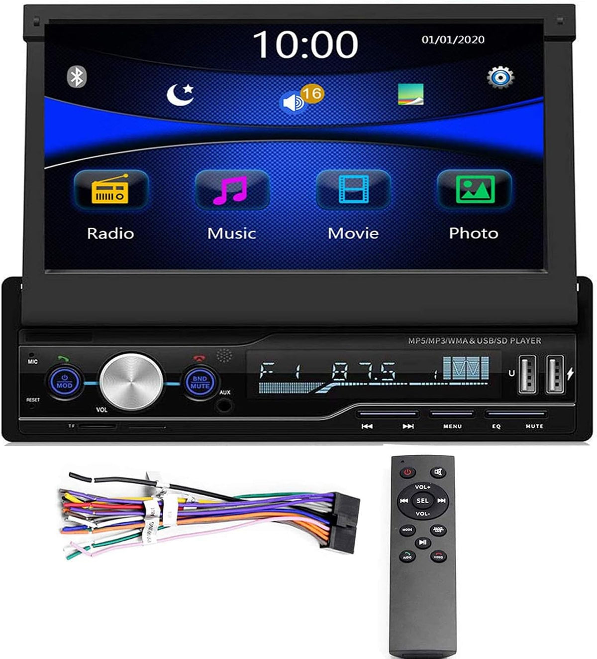 Single Din 7 inch Bluetooth Car Stereo with Retractable Touch Screen K127