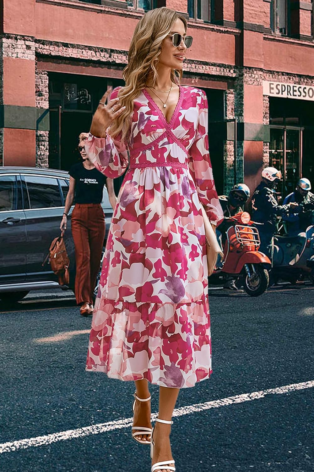 Rose V Neck Long Sleeve Wrap Maxi Dress Chiffon Q2826