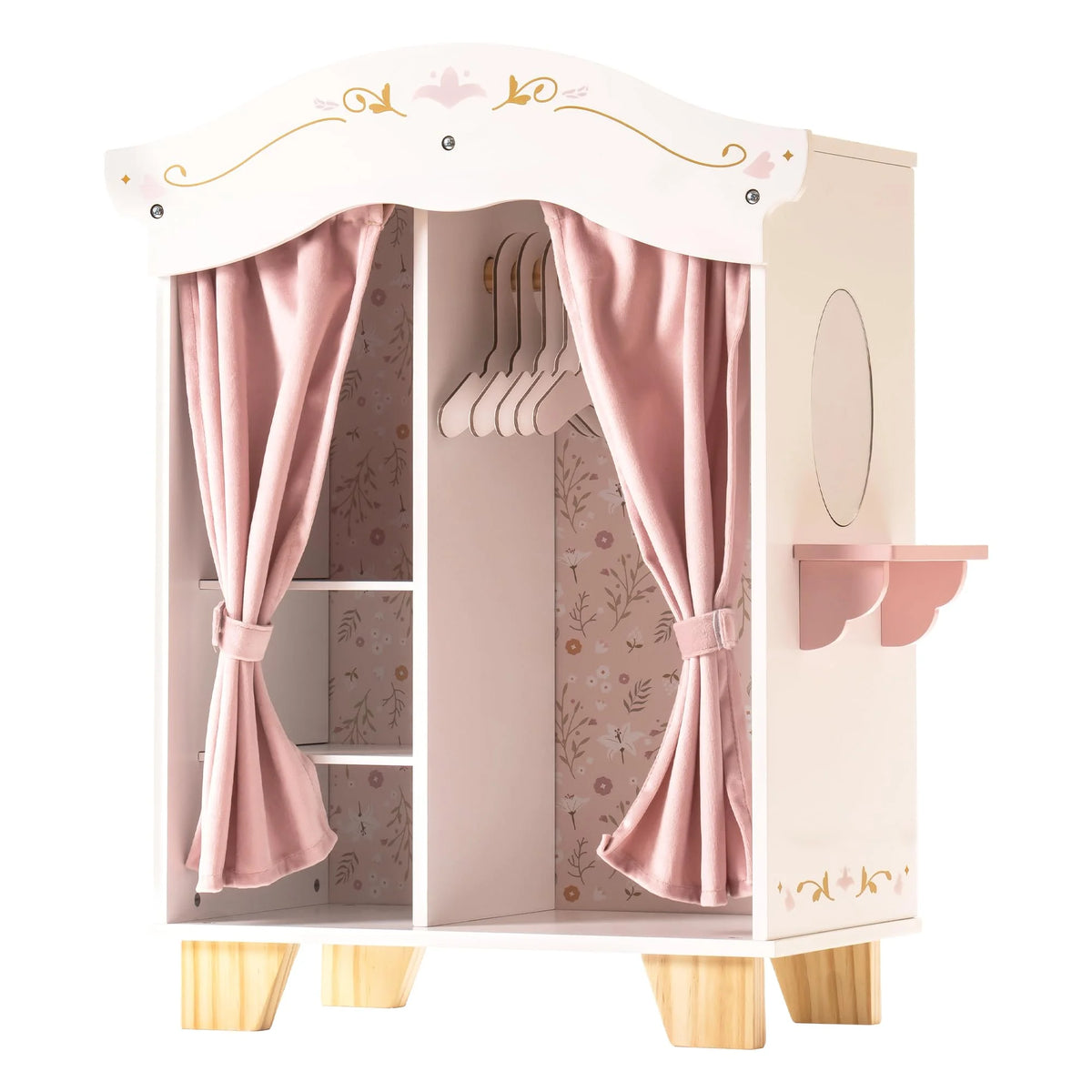 Pink Wooden Doll Armoire Closet with Vanity Table and 5 Clothing Hangers J630