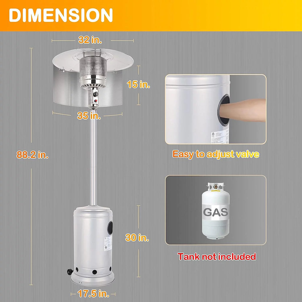 50,000 BTU Propane Patio Heater with Reflector, Stainless Steel Burner, Wheels, Silver U968