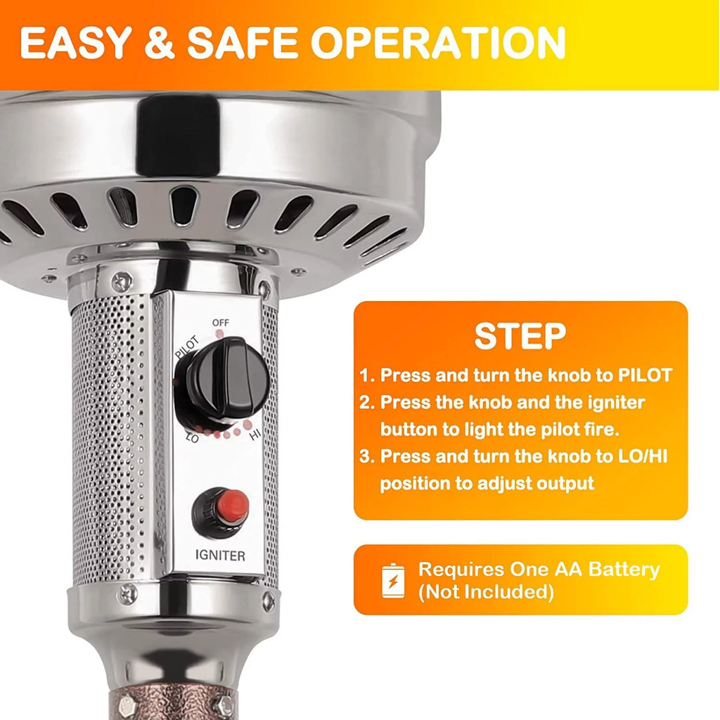 50,000 BTU Propane Patio Heater with Reflector, Stainless Steel Burner, Wheels, Silver U968